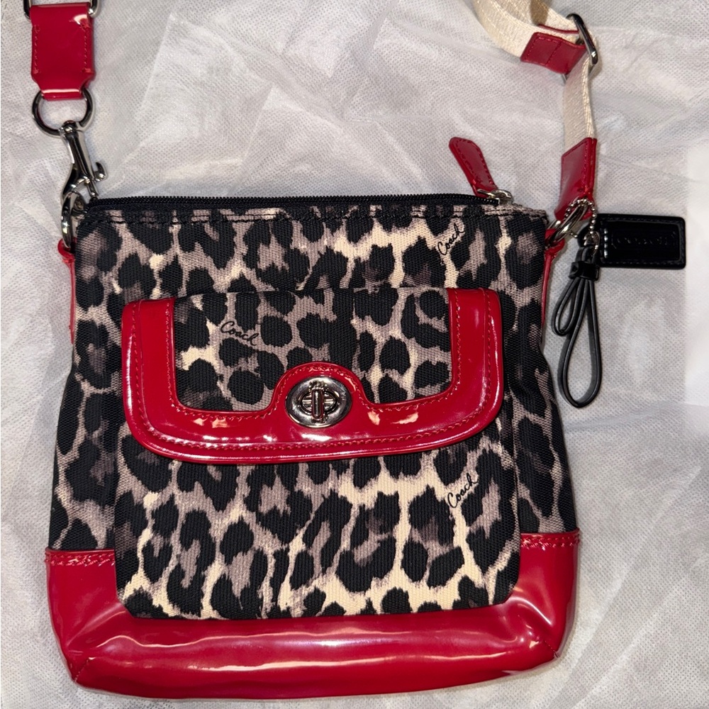 Coach Animal Print Crossbody Bag with Red Details